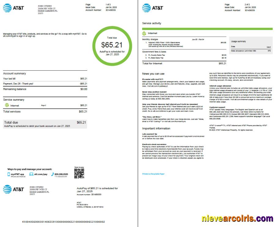 USA AT&T utility bill, 2 pages, version 2